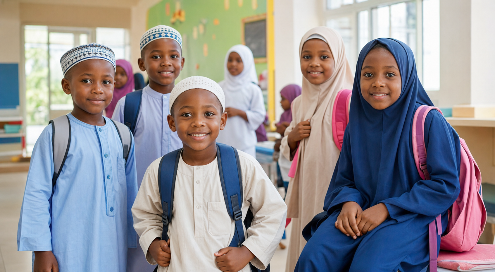 African Muslim students with school backpacks