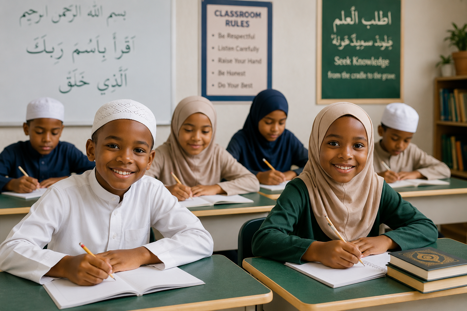 Muslim students learning in an Islamic classroom